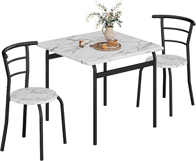 VECELO 3-Piece Dining Table Set for Kitchen Breakfast Nook, Faux Marble Square Tabletop and Metal Frame, for Small Spaces, White & Black