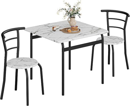 VECELO 3-Piece Dining Table Set for Kitchen Breakfast Nook, Faux Marble Square Tabletop and Metal Frame, for Small Spaces, White & Black
