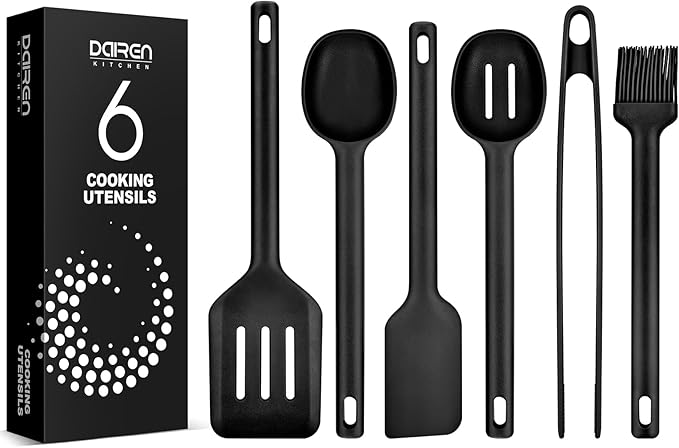 Silicone Kitchen Utensils Set, Heat Resistant Cooking Utensil with Spoon, Scraper, Spatula, Basting Brush & Tongs, BPA-free Non-stick Cookware for Frying, Basting, Serving, Grilling (6 Pack) (BLACK)