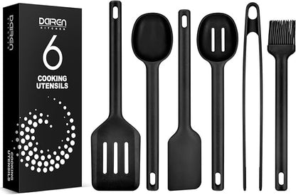 Silicone Kitchen Utensils Set, Heat Resistant Cooking Utensil with Spoon, Scraper, Spatula, Basting Brush & Tongs, BPA-free Non-stick Cookware for Frying, Basting, Serving, Grilling (6 Pack) (BLACK)