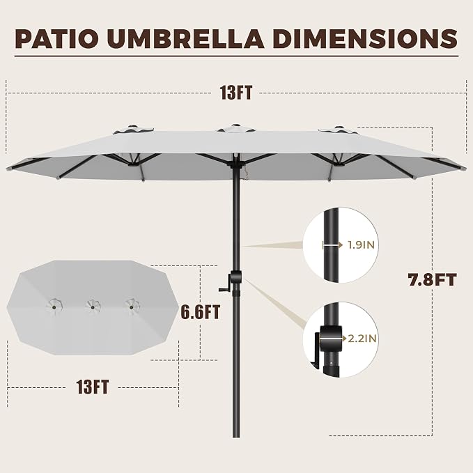 GDPFN 13FT Large Patio Umbrella, Outdoor Deck Standing Umbrella with Crank Handle, Double-Side Rectangular Pool Umbrella for Outside, Market, Patio, Light Gray (Base Not Include)