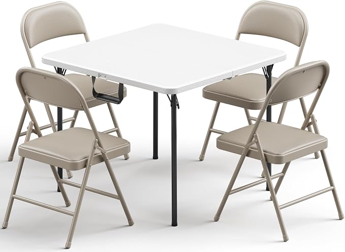 Folding Table and Chairs Set for 4, 5 Piece Card Table Set with 36" Square Foldable Table & 4 Padded Folding Chairs, Portable Indoor Outdoor Dining Table Set for Picnic, Camping, RV, Game Night, Patio