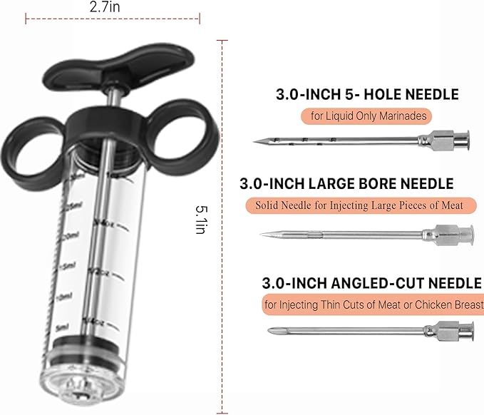 Turkey Injector, Meat Injector Syringe - 3 Marinade for BBQ Grill, 1OZ /30ML Injector Syringe, Handle MeatInjector for Smoking, Flavor Injector for Meat with Oil Brush & Cleaning Brush Black