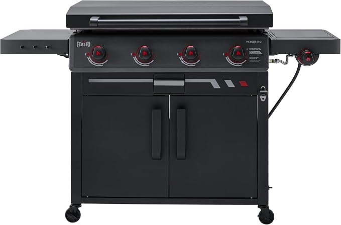 FEASTO 36" 4-Burner Propane Gas Griddle with Side Burner and Cabinet | 50,000 BTU, 720 Sq. In., Outdoor Flat Top Grill with Disposable Foil Liners for Patio, Backyard, BBQ Party, Black