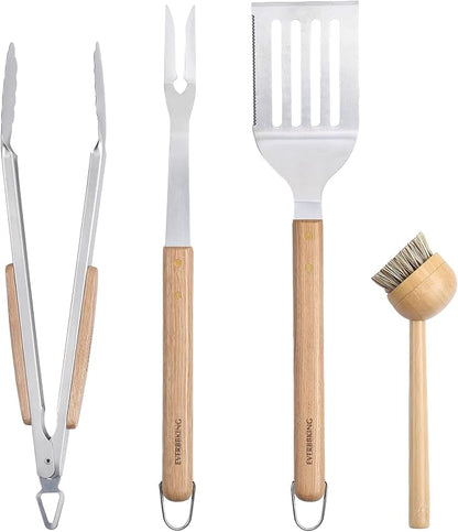 3Pc Wooden BBQ Tool Set, Heavy Duty Spatula, Fork & Tongs | Includes a versatile spatula, heavy-duty fork, and locking tongs for professional barbecuing
