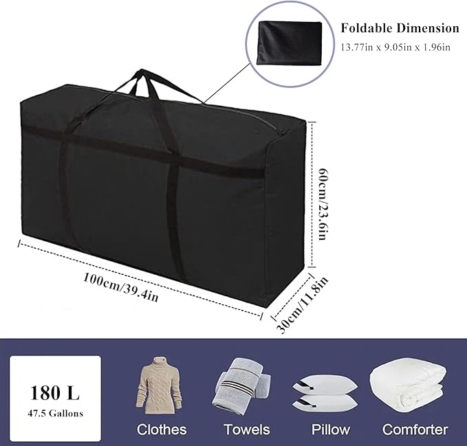 WITERY 2 Pack 180L/47.5 Gallons Extra Large Storage Bags Jumbo Duffle Bag for Travel Moving Totes Boxes Heavy Duty Stronger Handles Zippers Reusable Storage Totes for Bassinet Clothes Blankets