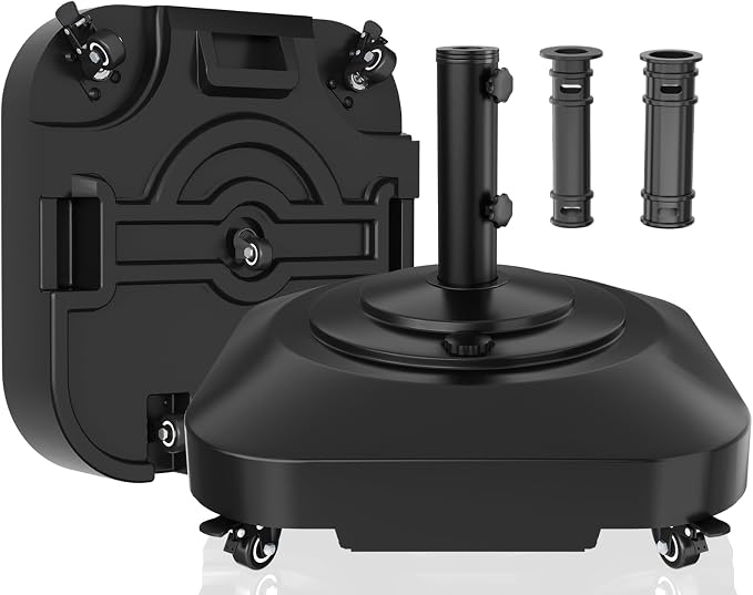 Umbrella Base with 5 Wheels, 140 lbs Max Capacity Fillable Umbrella Stand | 360°swivel wheel for flexible steering, 2 locks 2 knobs, wind-resistant design, heavy duty base for patio, deck, outdoor