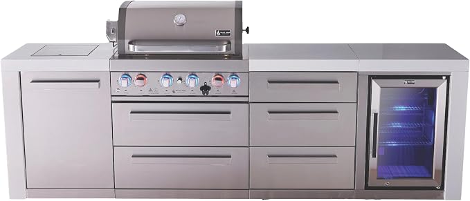 Mont Alpi Deluxe 107"W x 23"D x 46"H Stainless Steel Outdoor Kitchen Island with Refrigerator + 32"W 4-Burner BBQ Grill + Granite Countertops & Sides + Storage Cabinets + Drawers + Rotisserie + Cover