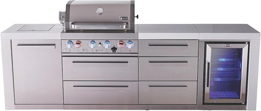Mont Alpi Deluxe 107"W x 23"D x 46"H Stainless Steel Outdoor Kitchen Island with Refrigerator + 32"W 4-Burner BBQ Grill + Granite Countertops & Sides + Storage Cabinets + Drawers + Rotisserie + Cover