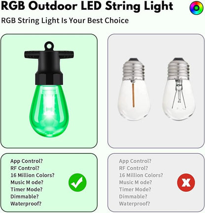 Outdoor String Lights 100FT - (2 pack 50FT) RGBW Color Changing String Lights for Outside with APP & Remote Control, Dimmable Patio Lights Outdoor Waterproof, Music Sync, Shatterproof, Linkable, Timer