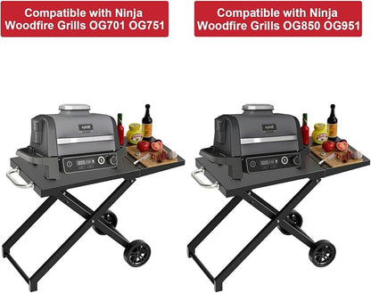 Grill Stand for Ninja Woodfire Outdoor OG700 OG800 Series, Portable Folding Grill Table Cart for Ninja Woodfire OG701 OG850 OG951 and OO101 Pizza Oven with Side Table