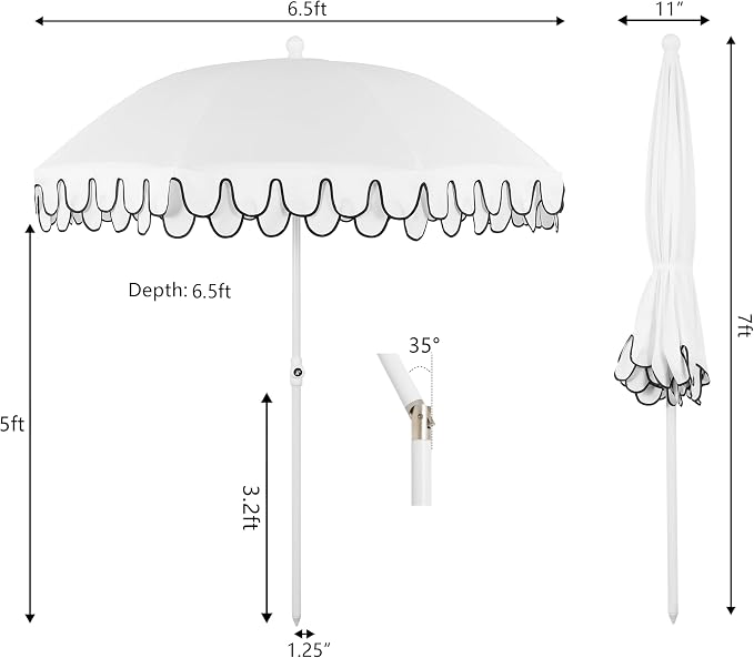 JONATHAN Y Horizon 6.5 ft. Scalloped Fringe Beach Umbrella, White | UV 50 Sun Protection, Push Button Tilt, Matching Carry Bag, Iron Pole, Wind Vent, 8 Fiberglass Ribs, Pointed End, Black Trim