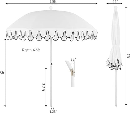 JONATHAN Y Horizon 6.5 ft. Scalloped Fringe Beach Umbrella, White | UV 50 Sun Protection, Push Button Tilt, Matching Carry Bag, Iron Pole, Wind Vent, 8 Fiberglass Ribs, Pointed End, Black Trim