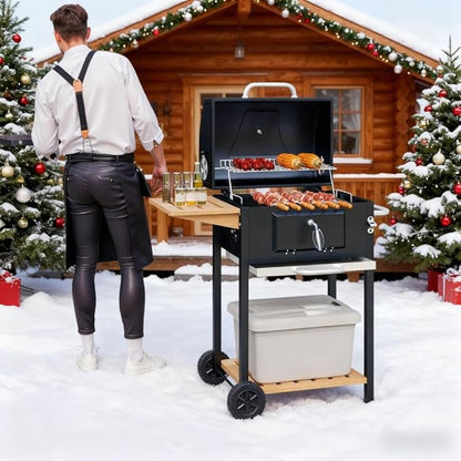 Black Outdoor Portable Charcoal BBQ Grill – Folding Side Table, Wheels, Thermometer for Camping