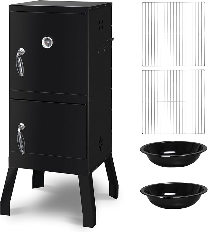 Vertical Charcoal Smoker with Dual Doors, 2 Detachable Grill Racks, Thermometer, 4 Air Vents, Charcoal and Water Pans, High-Temp Resistant, Outdoor BBQ Smoker for Grilling, Camping Black