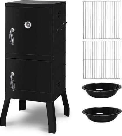 Vertical Charcoal Smoker with Dual Doors, 2 Detachable Grill Racks, Thermometer, 4 Air Vents, Charcoal and Water Pans, High-Temp Resistant, Outdoor BBQ Smoker for Grilling, Camping Black