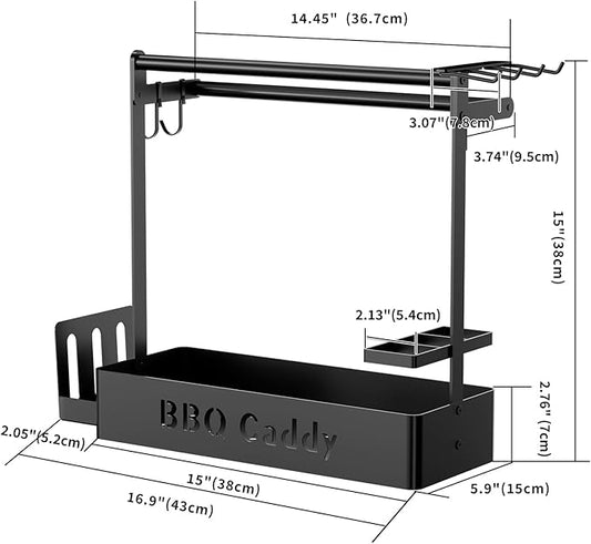 Grill Caddy, BBQ Caddy with Paper Towel Holder for Plate Cutlery, Flatware Caddy Picnic Condiment Caddy with 4 Hooks, Grill Utensil Caddy for Outdoor Barbecue Accessories Organizer