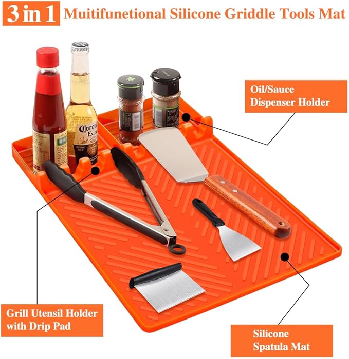 Silicone Griddle Tools Mat for Blackstone,16 * 11.5 Inch Silicone Mat with Drip Pad,Side Shelf Grill Mats for Outdoor Grill,Kitchen, Cooking & Countertop, Griddle Accessories