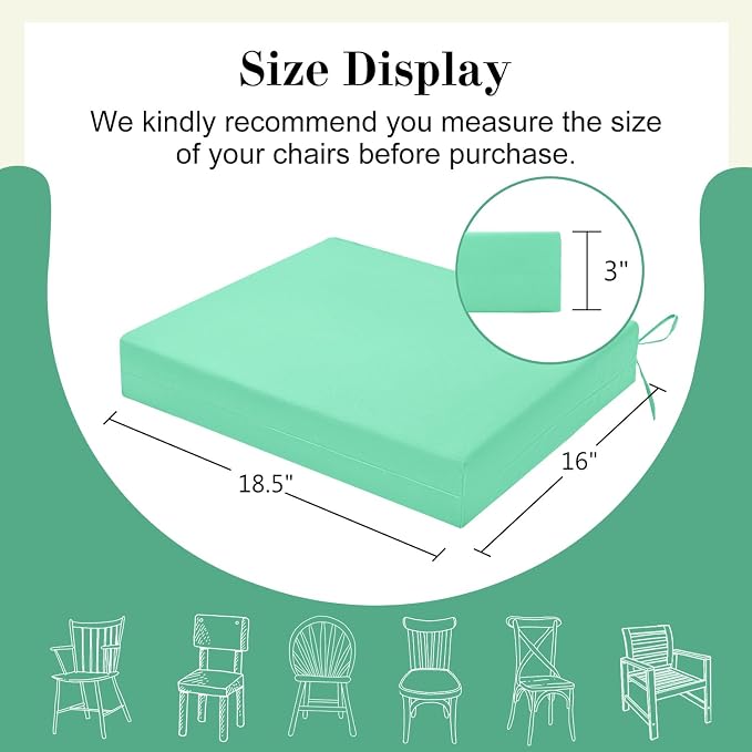 Cozyide Outdoor Chair Cushions, Waterproof Patio Seat Cushions with Adjustable Straps, Square Corner Patio Chair Cushions for Garden, Aqua Blue, 18.5x16x3 Inch (Pack of 4)