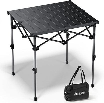 Anbte Camping Table Foldable, 2 Height Max 27.5" Aluminum Roll up Camping Table with Carry Bag & Heat-Resistant Tabletop, Lightweight, for Indoor Outdoor RV BBQ Picnic Patio Beach, 26" x 23", Black