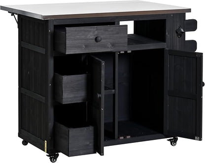 Outdoor Kitchen Island with Stainless Steel Top, Extendable Solid Wood Grill Cart on Wheels, Mobile BBQ Prep Table with Storage Cabinet and Spice Rack for Patio Backyard,