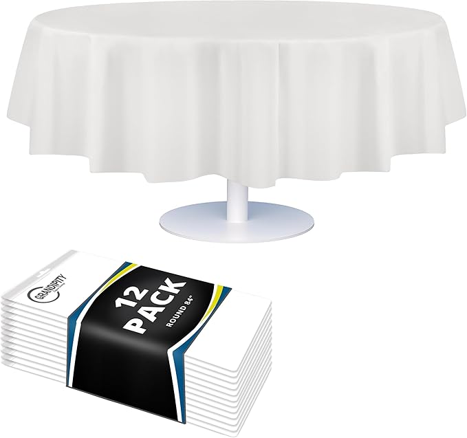 Grandipity Brand Round White Plastic 84" Disposable Tablecloth (12 Pack), Party & Event Decorative Cover