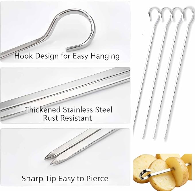 20 PCS 7" Flat Stainless Steel Skewers, BBQ Skewers for Kabobs Potato Nails | Reusable Metal Grill Skewers with Hook Handle & Sharp Tip, Baking Nails for Shish Steak Shrimp Air Fryer Oven