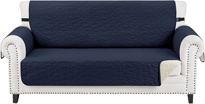 CUCRAF Non Slip Quilted Sofa Cover, Water Resistant Slipcover Furniture Protector for 2 Cushion Sofa Pet Friendly, Washable Couch Cover with Adjustable Elastic Straps (Medium-XL Loveseat, Navy Blue)