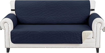 CUCRAF Non Slip Quilted Sofa Cover, Water Resistant Slipcover Furniture Protector for 2 Cushion Sofa Pet Friendly, Washable Couch Cover with Adjustable Elastic Straps (Medium-XL Loveseat, Navy Blue)