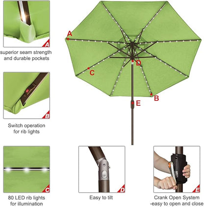 EliteShade USA 10-Year-Non-Fading 9ft Market Patio Umbrella, Commercial Grade Table Sun Umbrella with 80 Solar LED Lights, Crank Open, Windproof & UPF 50+ UV Protection for Garden, Deck, Pool, Backyard, Macaw Green