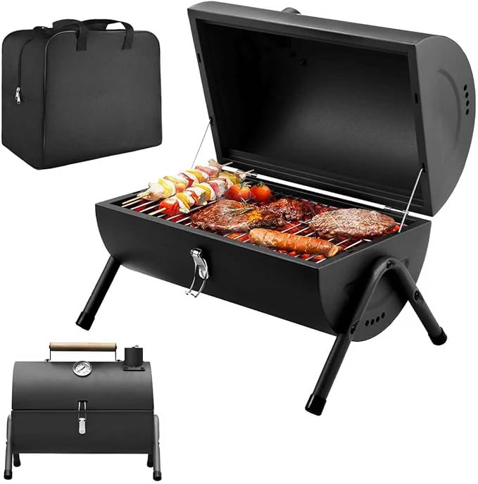 JY COOKMENT Portable Charcoal Grill, Tabletop Barbecue Grill with Carrying Bag, Black Steel, 14x10.7x16.3 Inches