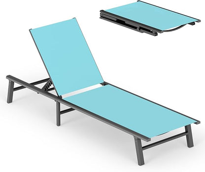 Ciokea Foldable Outdoor Lounge Chair, No Assembly Patio Chaise Lounge Outdoor with 5-Positions, Aluminum Pool Lounge Chair with Portable Design for Pool, Beach, Deck, Backyard, Lake Blue