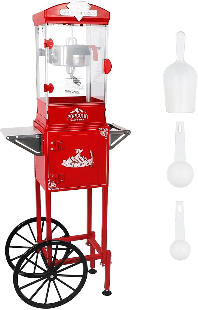 Popcorn Machine with Cart, 10 Oz Kettle, Mobile Popcorn Maker for 64 Cups per Batch, Nostalgia Professional Cart with Simple One-Touch & 3 Spoons, Movie Night Supplies for Home, Black