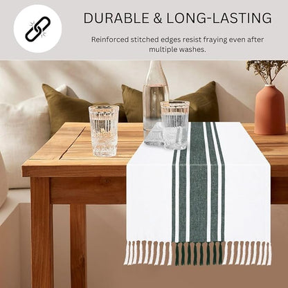 Table Runner 100% Cotton - 90 Inches Long Farmhouse Table Runners with Tassels - Tight-Weave Non-Slip Washable - for Dining Kitchen Holidays Events - 14x90 Inch Table Runner Green