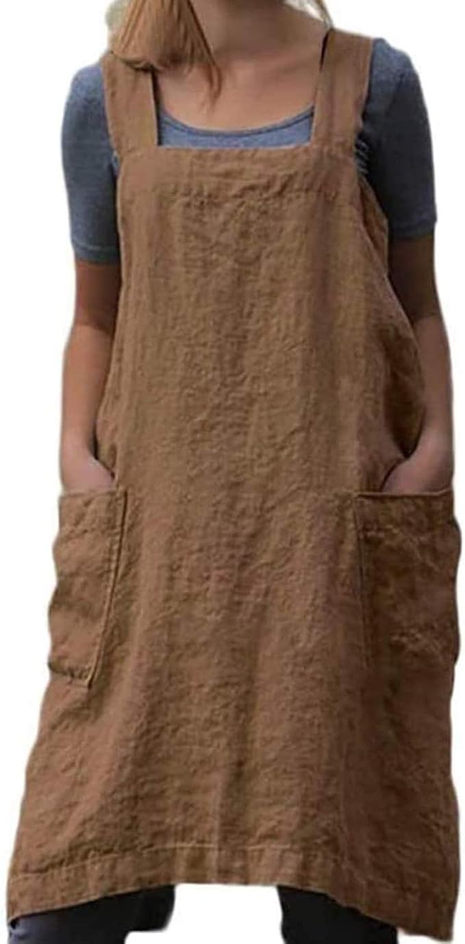 TBA Cotton Linen Apron Cross Back Apron for Women with Big Pockets Square Pinafore Dress for Baking Cooking BBQ & Grill