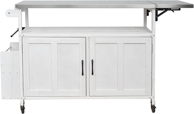 JIVOIT Outdoor Fir Wood Kitchen Island with Foldable Stainless Steel Top, Patio Mobile Kitchen Cart Portable Outdoor Cooking Island with Lockable Wheels, Storage Cabinet and Towel Rack (White/124)