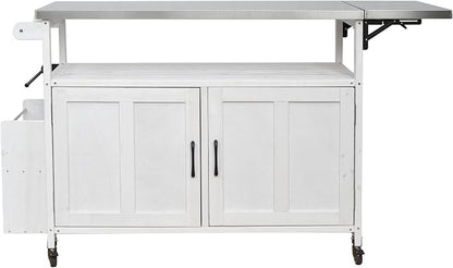 JIVOIT Outdoor Fir Wood Kitchen Island with Foldable Stainless Steel Top, Patio Mobile Kitchen Cart Portable Outdoor Cooking Island with Lockable Wheels, Storage Cabinet and Towel Rack (White/124)