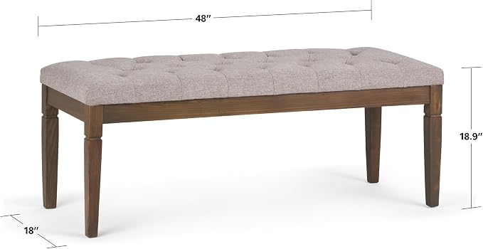SIMPLIHOME Carmel 32" Wide Solid Acacia Wood Outdoor Chair in Sand Drift | Traditional tufted ottoman bench with carved legs; perfect footstool, footrest or bench for bedroom or entryway.