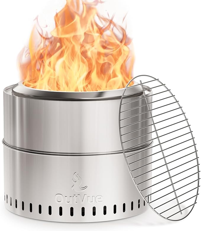 OutVue 19 inch Stainless Steel Smokeless Fire Pit with Grill, Outdoor Smokeless Firepit, Wood Burning Fire Pits for Camping, Bonfire, Low Smoke Firepit for Outside (Vertical Hole)