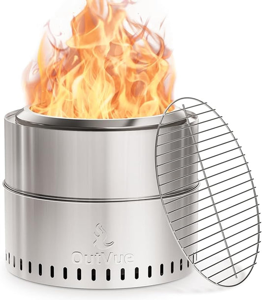 OutVue 19 inch Stainless Steel Smokeless Fire Pit with Grill, Outdoor Smokeless Firepit, Wood Burning Fire Pits for Camping, Bonfire, Low Smoke Firepit for Outside (Vertical Hole)