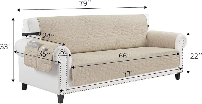 CUCRAF Non Slip Quilted Sofa Cover, Water Resistant Slipcover Furniture Protector for 3 Cushion Sofa Pet Friendly, Washable Couch Cover with Adjustable Elastic Straps (Large, Light Khaki)