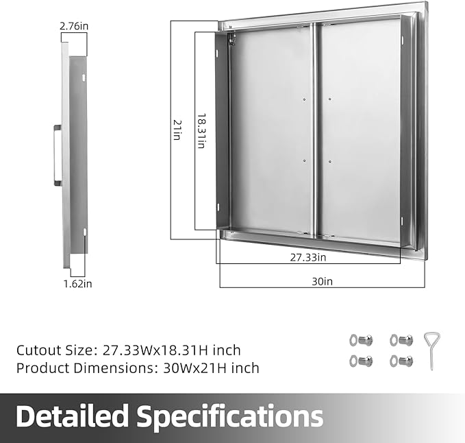 Outdoor Kitchen Doors- 30" W x 21" H - Stainless Steel BBQ Double Access Door,Flush Mount for Outdoor Kitchen and BBQ Island