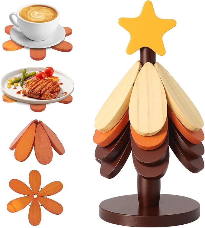 DecBeLiv Foldable Tree Trivet Wooden Hot Plate Holder, Bamboo Trivet for Hot Dishes, Heat-Resistant Pot Holder Tree for BBQ, Picnic, Outdoor Dining & Kitchen Decor(Yellow-4)