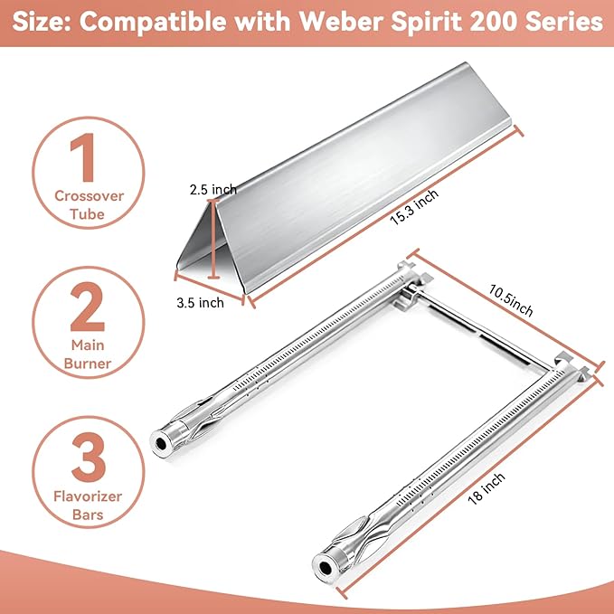 Spirit E210 7635 Flavorizer Bars & 69785 Grill Burner Tubes for Weber Spirit I II & GS4 200 E210 E220 S210 S220 with Front Control, 15.3" Flavor Bar and 18" Burner for Weber Spirit 2 Replacement Parts
