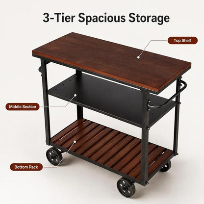 Rolling Bar Cart with Handle [3 Tier] Home Kitchen Microwave Cart Island On Wheels, Mobile Serving Cart Beverage Cart, Coffee Station (Metal/Wood, Industrial Black/Rustic Brown)