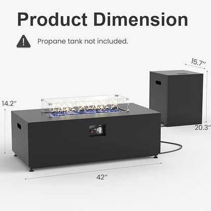 42" Propane Fire Pit Table Set with Tank Holder, Rectangle 2-Piece Outdoor Firepit Wind Guard, Lid, Glass Stones and Cover