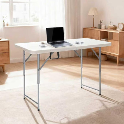 FoldingTable 4 Foot Portable Heavy Duty Plastic Table and Adjustable Height Folding with Carrying Handle,Indoor Outdoor with Kids Table, Picnic,Party,Camping White