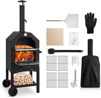 Outdoor Pizza Oven, Wood Fired for Outside, Patio Maker With Stone, Peel, Grill Rack, and Waterproof Cover for Backyard Camping