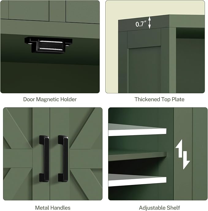 Bathroom Cabinet with Adjustable Shelf & 2 Drawers, Farmhouse Storage Cabinet with 2 Doors, Kitchen Storage Cabinets for Living Room, Entryway, Home Office, Forest Green