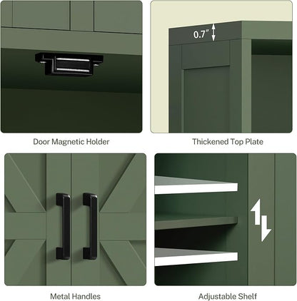 Bathroom Cabinet with Adjustable Shelf & 2 Drawers, Farmhouse Storage Cabinet with 2 Doors, Kitchen Storage Cabinets for Living Room, Entryway, Home Office, Forest Green